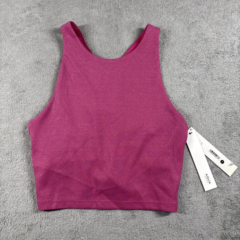 AQUA Athletic Women's Longline Racer-Front Sports Bra Pink Metallic Size XS NWT